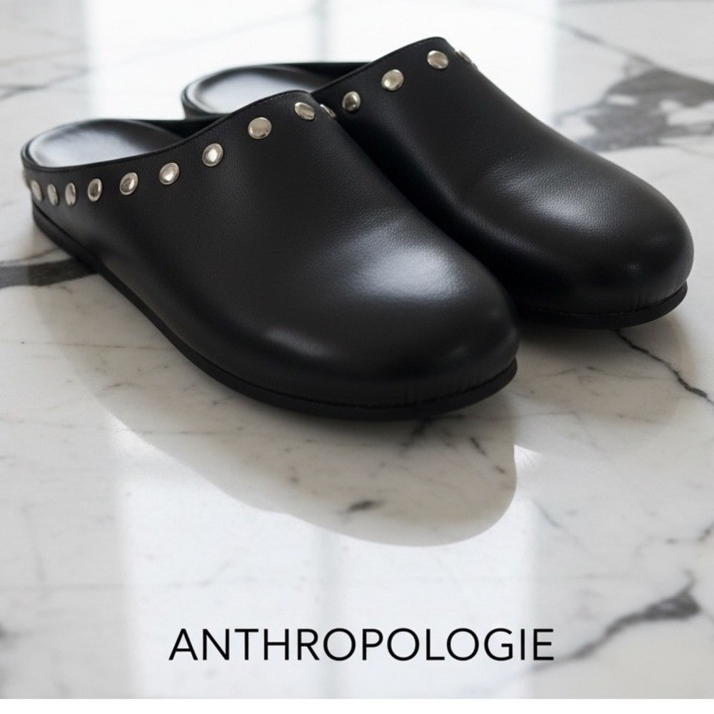 Anthropologie Womens Black Leather Studded Mules Clogs Made in Portugal Size 41